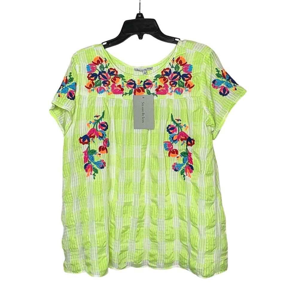 See and Be Seen 100% Cotton Lime Green Embroidered Floral Pullover Top Small New